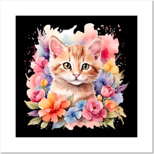 A cat decorated with beautiful watercolor flowers. Posters and Art